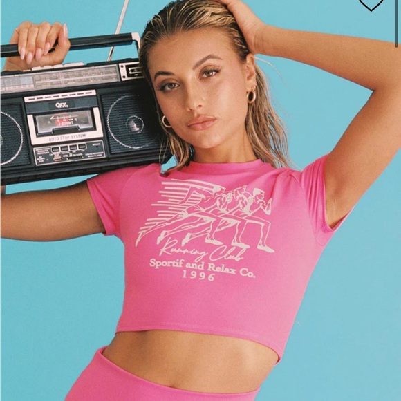 Princess Polly Recycled Nylon Blend Running Club Graphic Crop Top in Pink - Picture 1 of 9